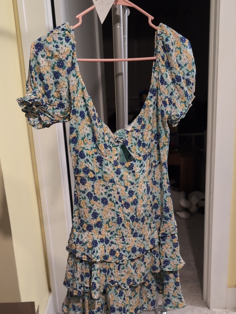 Floral Puff-Sleeve Tiered Midi Dress in Blue & Cream- Sky To Moon